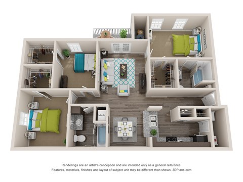 A 3D floor plan of a house with a kitchen, living room, and bedrooms.
